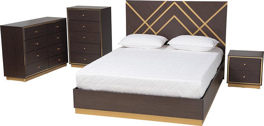 Wholesale Interiors Bedroom Sets - Arcelia Two-Tone Dark Brown and Gold Finished Wood Queen Size 4-Piece Bedroom Set with Chest