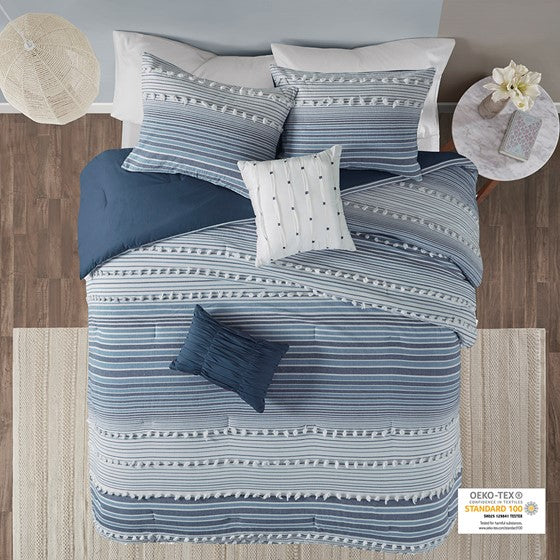 Olliix.com Comforters & Blankets - Cotton Jacquard Comforter Set Navy Full/Queen
