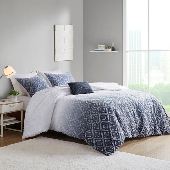 Olliix.com Duvet & Duvet Sets - Ombre Printed Clipped Jacquard Duvet Cover Set Navy Twin XL