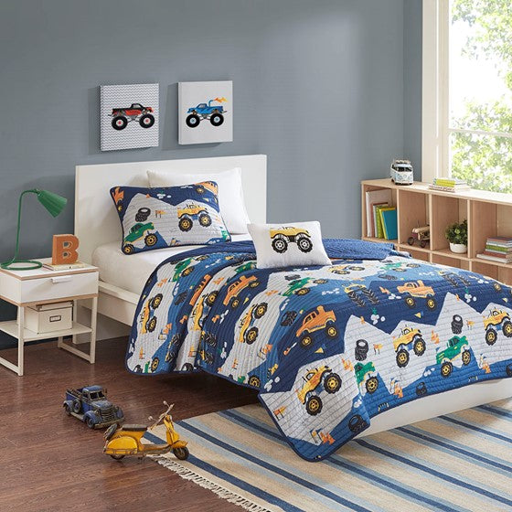 Olliix.com Coverlet - Monster Truck Reversible Quilt Set with Throw Pillow Blue Twin