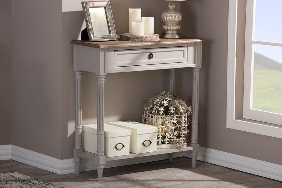 Wholesale Interiors Consoles - Edouard French White Wash Distressed Wood And Grey Two-Tone 1-Drawer Console Table