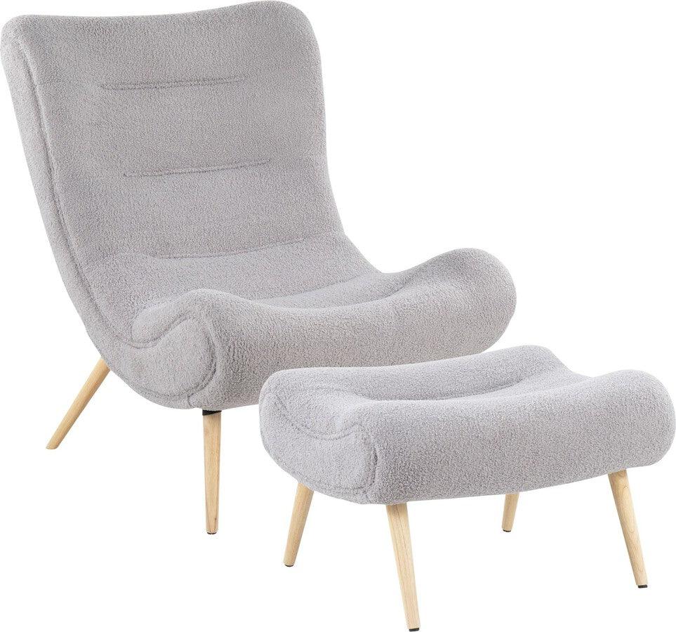 Lumisource Accent Chairs - Cloud Contemporary Chair In Natural Wood & Grey Sherpa Fabric With Ottoman