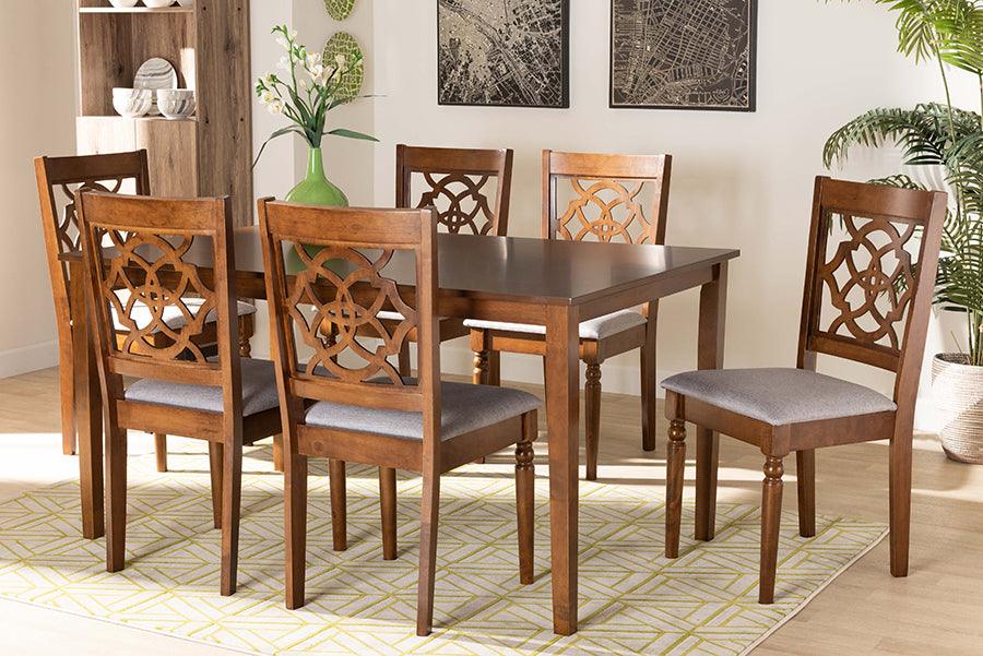 Wholesale Interiors Dining Sets - Renaud Grey Fabric Upholstered and Walnut Brown Finished Wood 7-Piece Dining Set