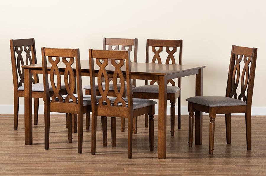 Wholesale Interiors Dining Sets - Cherese Grey Fabric Upholstered and Walnut Brown Finished Wood 7-Piece Dining Set