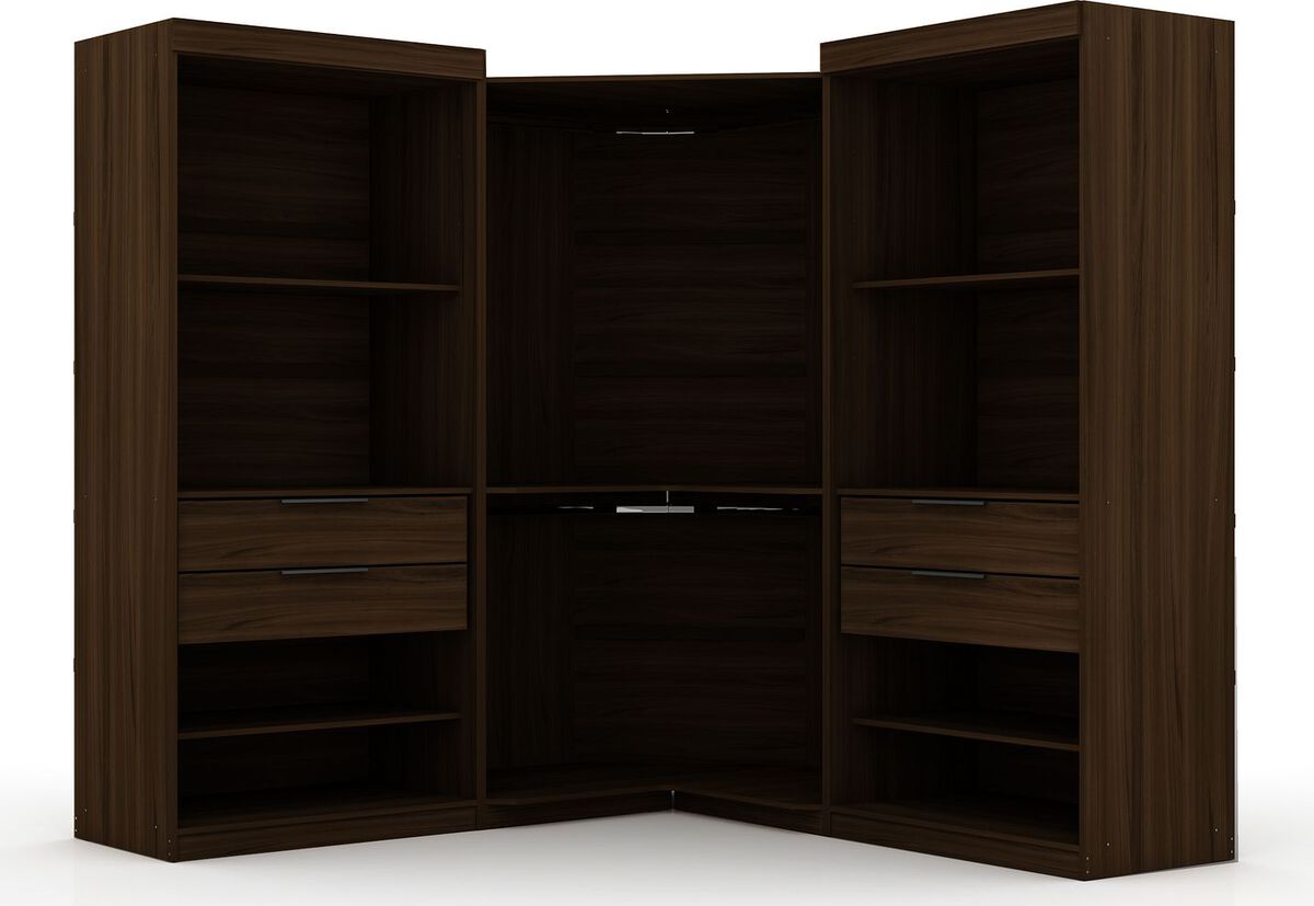 Manhattan Comfort Cabinets & Wardrobes - Mulberry Open 3 Sectional Modern Wardrobe Corner Closet with 4 Drawers - Set of 3 in Brown