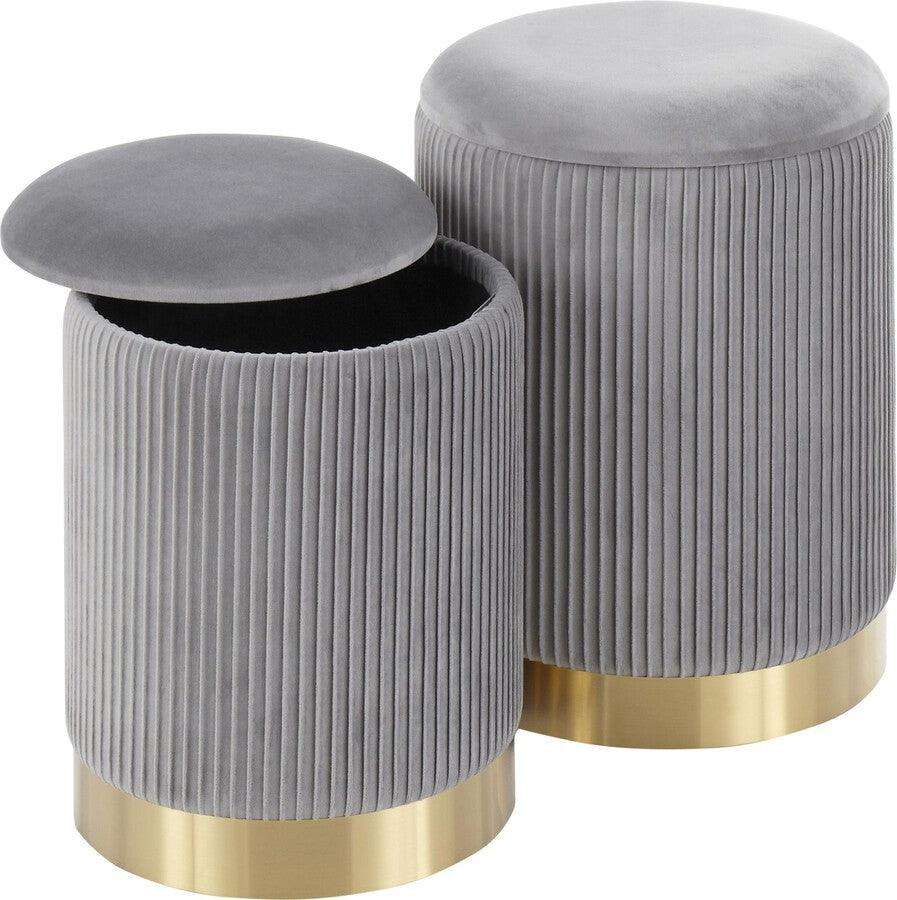 Lumisource Living Room Sets - Marla Contemporary Nesting Pleated Ottoman Set in Gold Metal and Grey Velvet