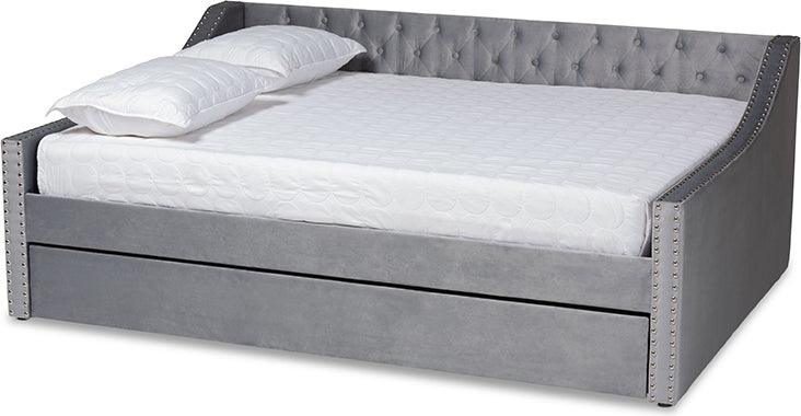 Wholesale Interiors Daybeds - Raphael Grey Velvet Fabric Upholstered Queen Size Daybed with Trundle