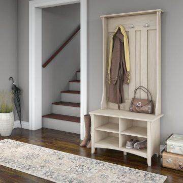 Bush Business Furniture Shoe Storage - Hall Tree with Storage Bench Antique White