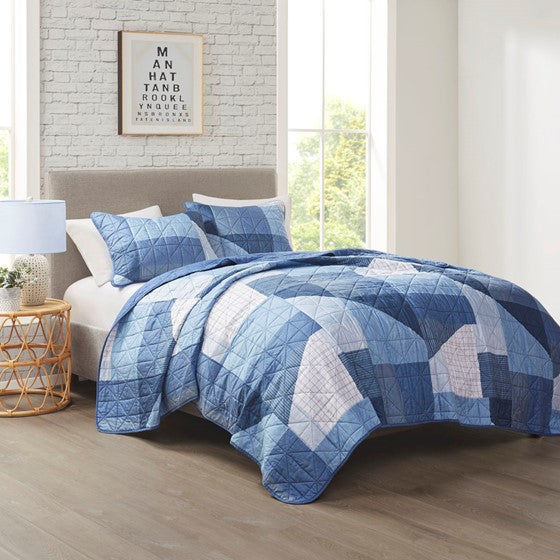 Olliix.com Coverlet - Patchwork Printed Reversible Quilt Set Blue Full/Queen