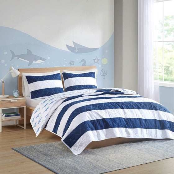 Olliix.com Coverlet - Cotton Cabana Stripe Reversible Quilt Set with Shark Reverse Navy Twin