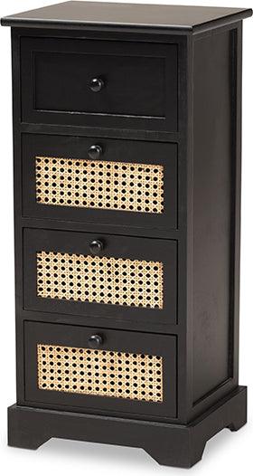 Wholesale Interiors Cabinets & Wardrobes - Dacey Mid-Century Modern Espresso Brown Wood and Rattan 4-Drawer Storage Cabinet