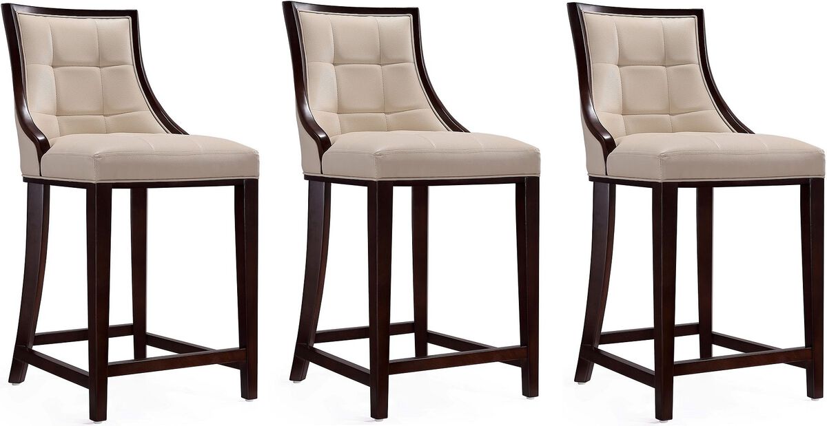 Manhattan Comfort Barstools - Fifth Ave 39.5 in. Cream and Dark Walnut Beech Wood Counter Height Bar Stool (Set of 3)