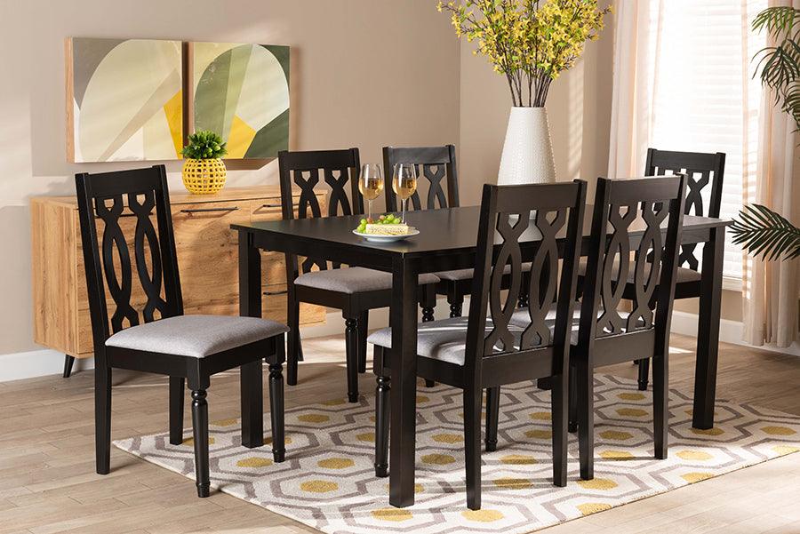 Wholesale Interiors Dining Sets - Cherese Grey Fabric Upholstered and Dark Brown Finished Wood 7-Piece Dining Set