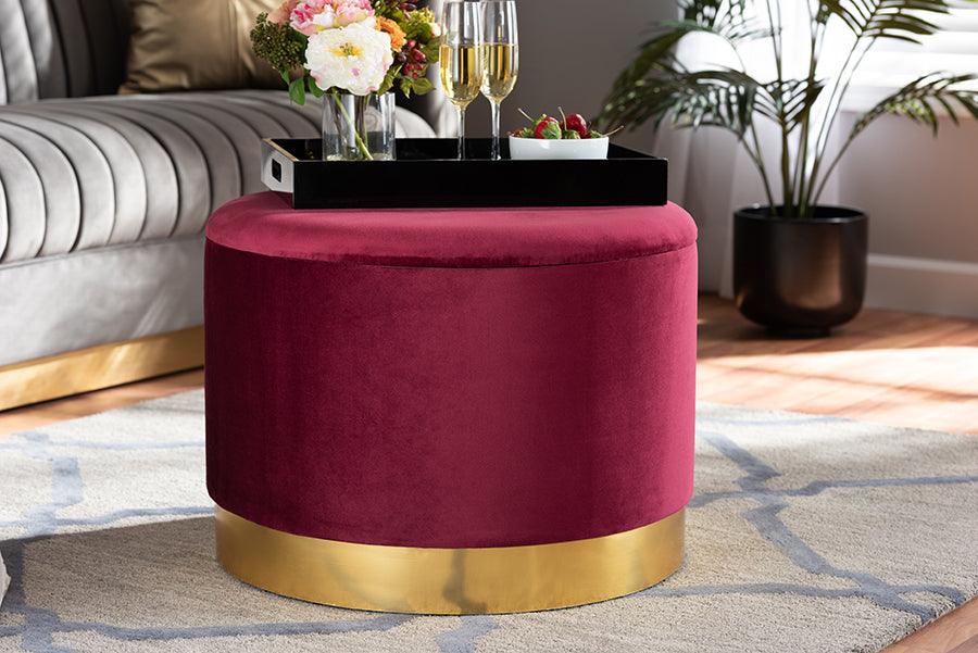 Wholesale Interiors Ottomans & Stools - Marisa Glam and Luxe Red Velvet Fabric Upholstered Gold Finished Storage Ottoman