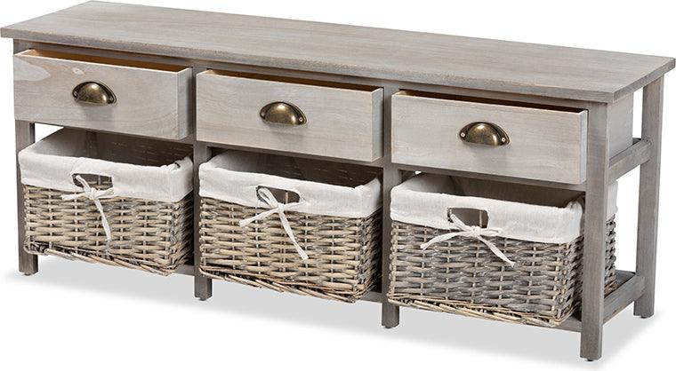 Wholesale Interiors Benches - Mabyn Contemporary Light Grey Wood 3-Drawer Storage Bench with Baskets