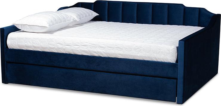 Wholesale Interiors Daybeds - Lennon Modern and Contemporary Navy Blue Velvet Fabric Upholstered Full Size Daybed with Trundle