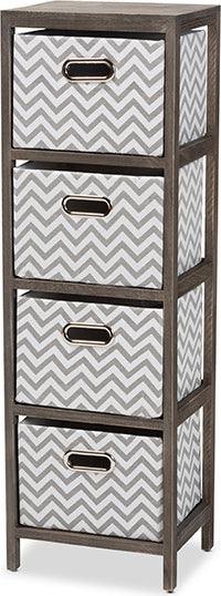 Wholesale Interiors Bedroom Organization - Jorah Modern Grey and White Fabric Greywashed Wood 4-Basket Tallboy Storage Unit