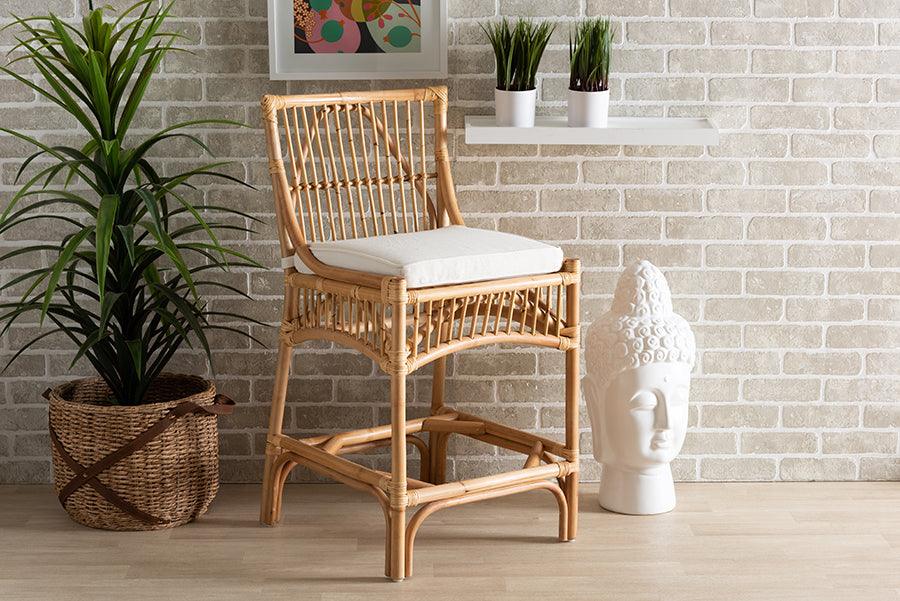 Wholesale Interiors Barstools - Rose Modern Bohemian White Fabric Upholstered and Natural Brown Rattan Counter Stool