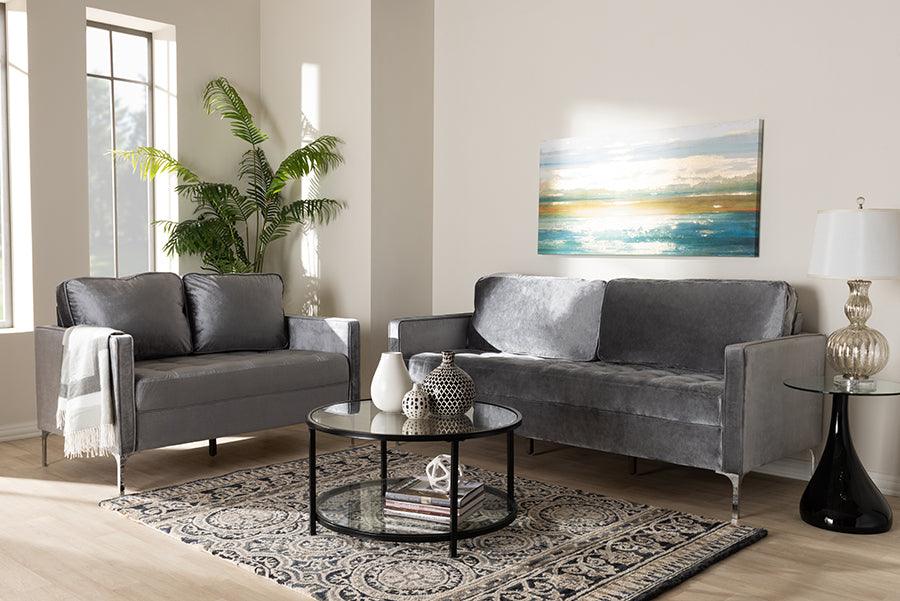 Wholesale Interiors Living Room Sets - Clara Modern And Contemporary Grey Velvet Fabric Upholstered 2-Piece Living Room Set