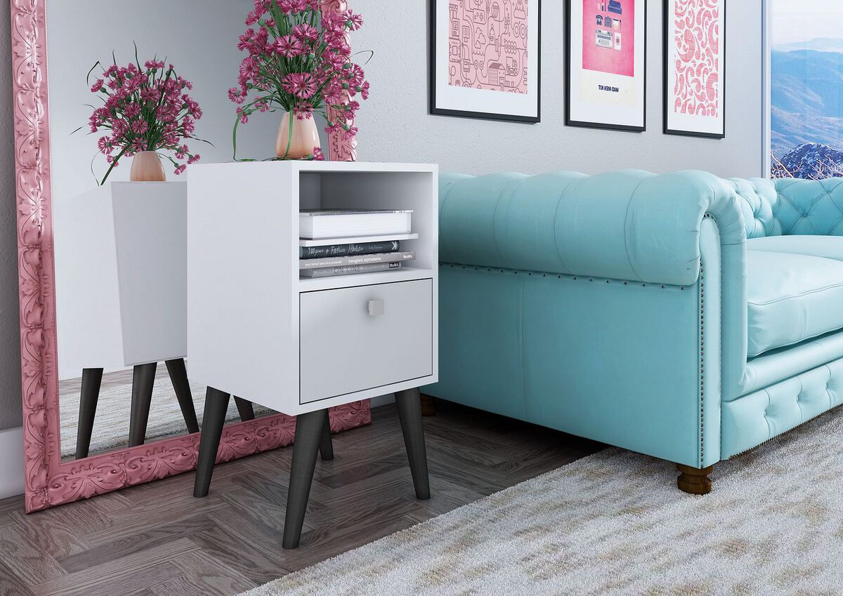 Manhattan Comfort Side & End Tables - Abisko Stylish Side Table with 1- Cubby & 1-Drawer in White