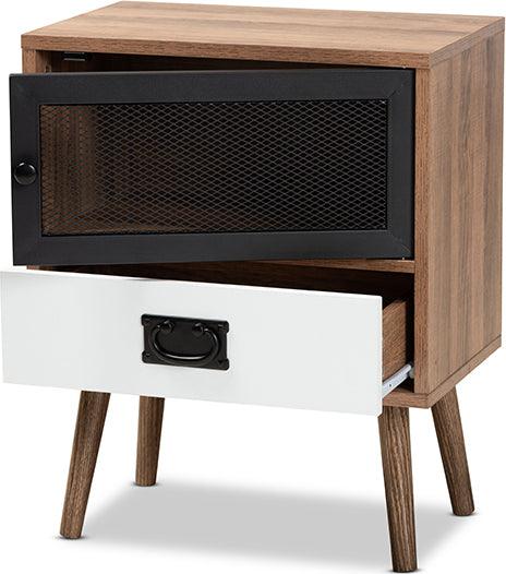 Wholesale Interiors Nightstands & Side Tables - Hubbard Mid-Century Modern Brown and White Wood and Black Metal 1-Drawer Nightstand