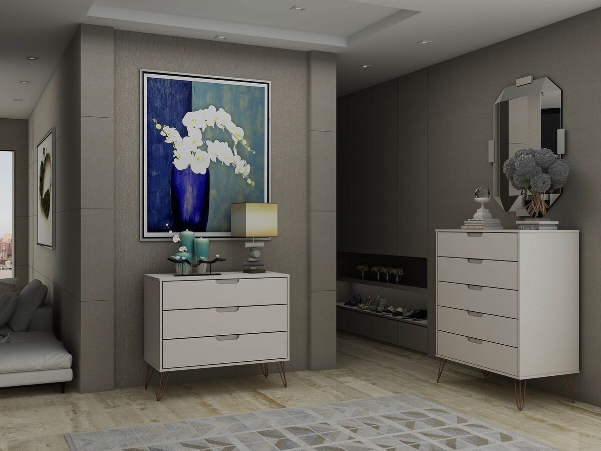 Manhattan Comfort Bedroom Sets - Rockefeller Tall 5-Drawer Dresser and 3-Drawer Dresser in Off White & Nature