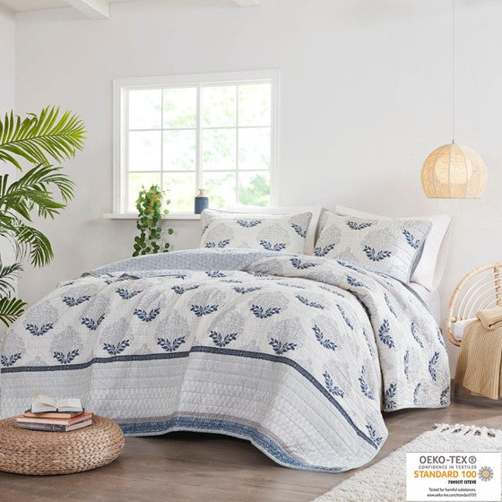 Olliix.com Coverlet - 3 Piece Reversible Cotton Coverlet Set Indigo Full/Queen