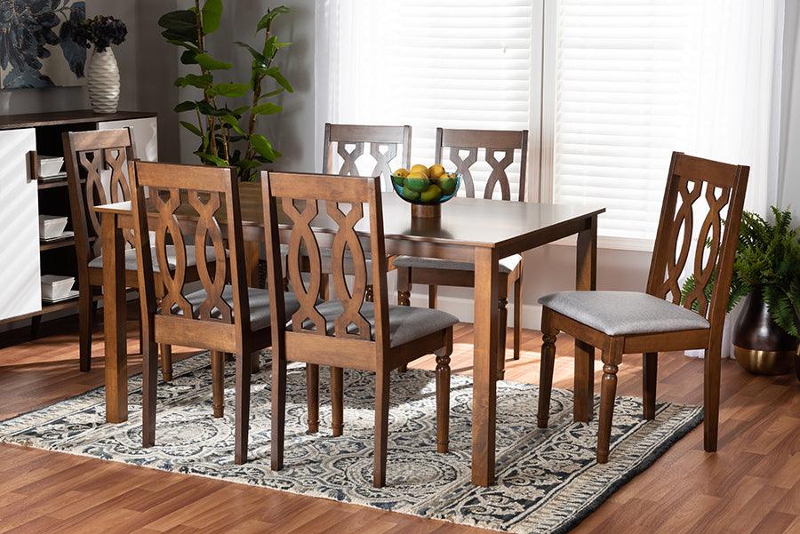 Wholesale Interiors Dining Sets - Cherese Grey Fabric Upholstered and Walnut Brown Finished Wood 7-Piece Dining Set