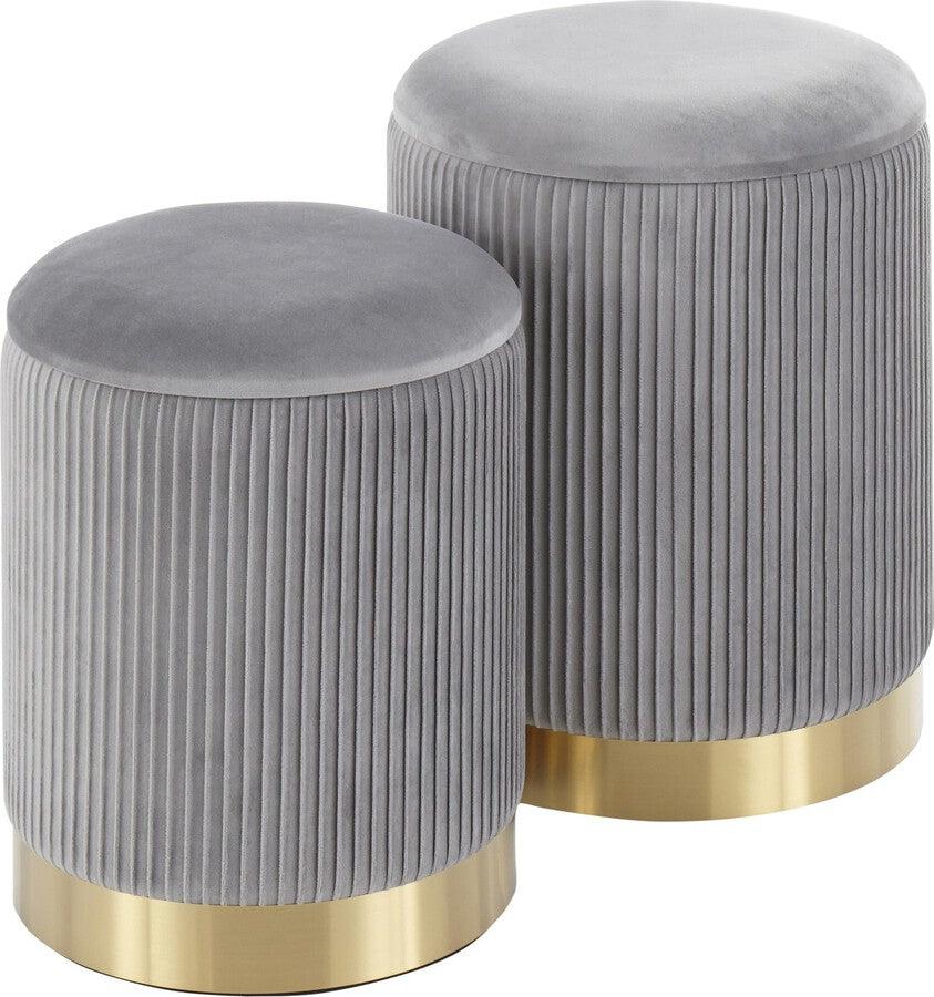 Lumisource Living Room Sets - Marla Contemporary Nesting Pleated Ottoman Set in Gold Metal and Grey Velvet