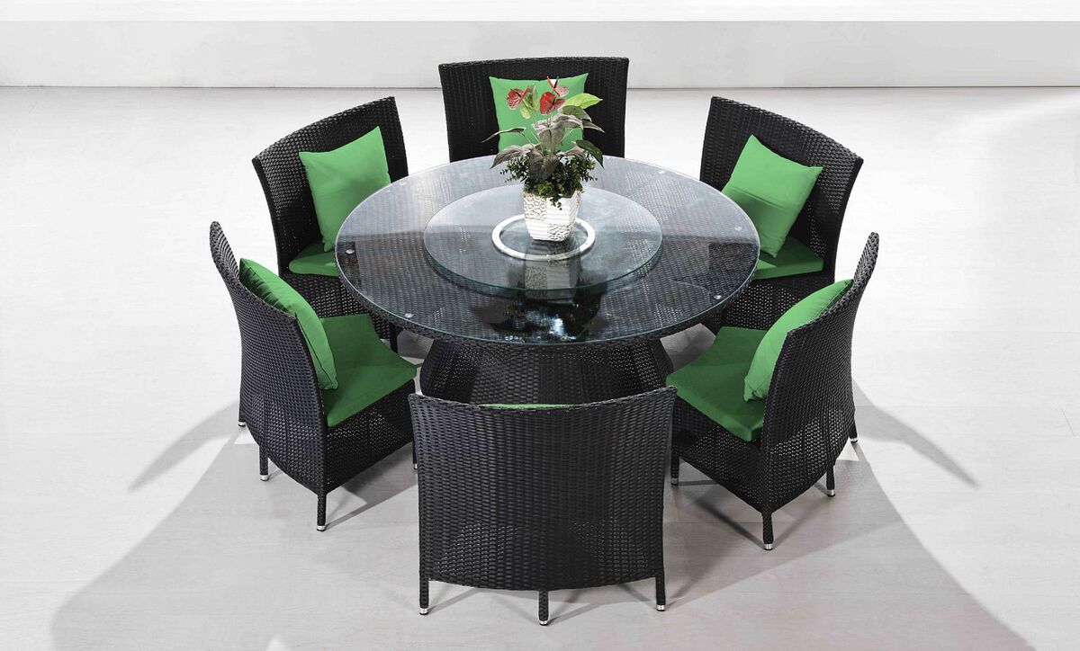 Manhattan Comfort Outdoor Dining Sets - Nightingdale Black 7-Piece Rattan Outdoor Dining Set with Green Cushions