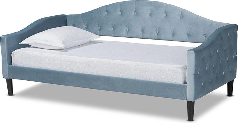 Wholesale Interiors Daybeds - Benjamin Modern Light Blue Velvet Fabric Upholstered and Dark Brown Finished Wood Twin Size Daybed