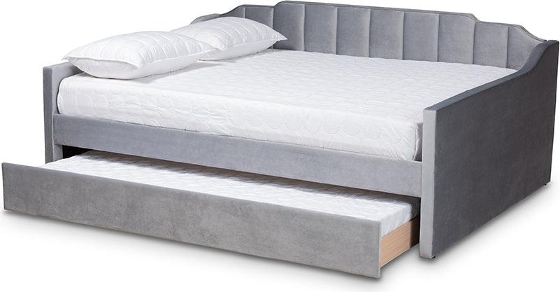 Wholesale Interiors Daybeds - Lennon Grey Velvet Fabric Upholstered Queen Size Daybed with Trundle