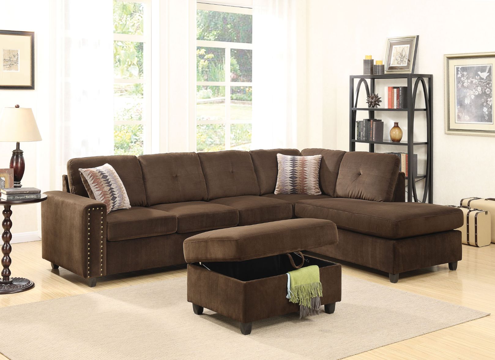 ACME Furniture Sectional Sofas - Belville Sectional Sofa w/Pillows (Reversible), Chocolate Velvet (1Set/2Ctn)