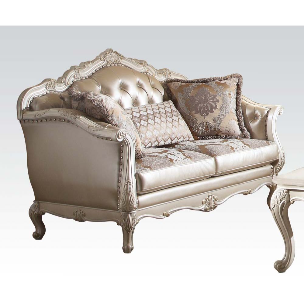 Loveseat (w/3 Pillows), Rose Gold PU/Fabric & Pearl White 53541