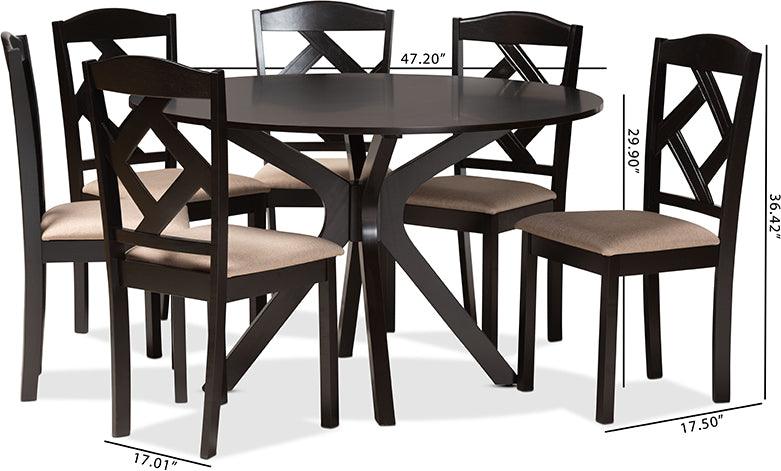 Wholesale Interiors Dining Sets - Carlin Sand Fabric Upholstered and Dark Brown Finished Wood 7-Piece Dining Set