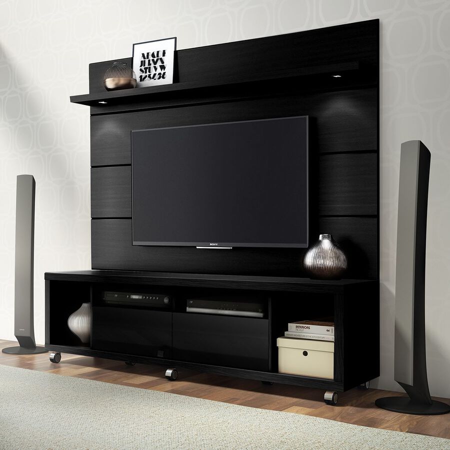 Manhattan Comfort TV & Media Units - Cabrini TV Stand and Floating Wall TV Panel with LED Lights 1.8 in Black