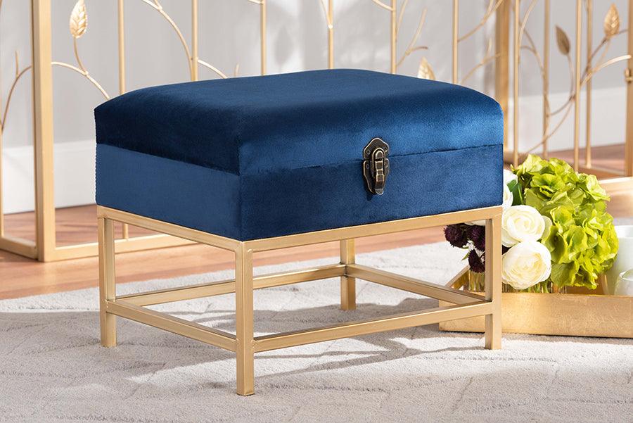 Wholesale Interiors Ottomans & Stools - Aliana Navy Blue Velvet Fabric Upholstered and Gold Finished Metal Small Storage Ottoman