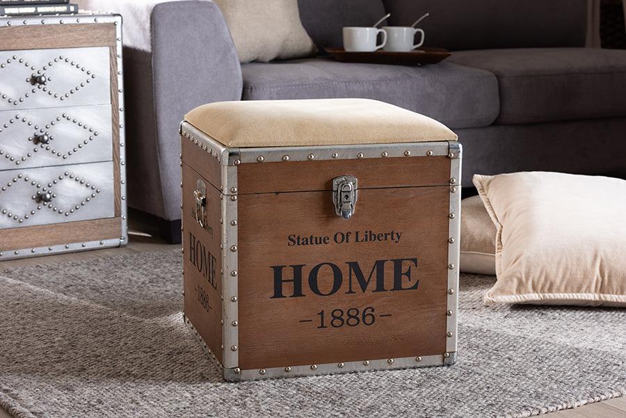 Wholesale Interiors Storage & Boxes - Violetta Vintage Industrial Beige Fabric Upholstered Wood Storage Trunk Ottoman