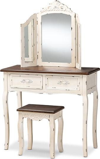 Wholesale Interiors Bedroom Vanity - Levron Two-Tone Walnut Brown and Antique White Finished Wood 2-Piece Vanity Set