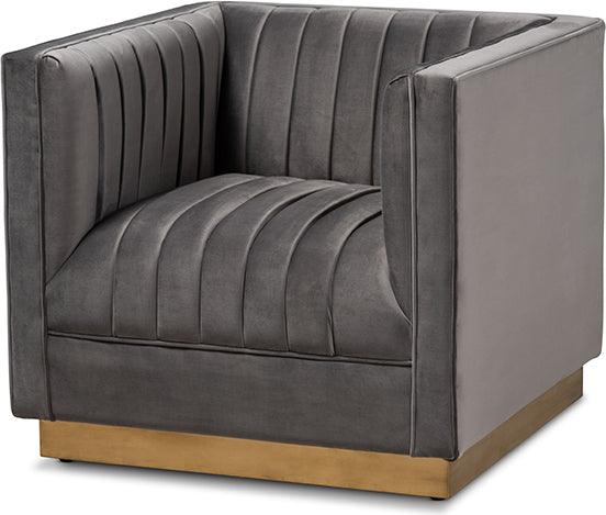 Wholesale Interiors Accent Chairs - Aveline Glam and Luxe Grey Velvet Fabric Upholstered Brushed Gold Finished Armchair