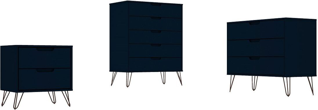 Manhattan Comfort Bedroom Sets - Rockefeller 5-Drawer Dresser, 3- Drawer Dresser & 2-Drawer Nightstand Tatiana Midnight Blue