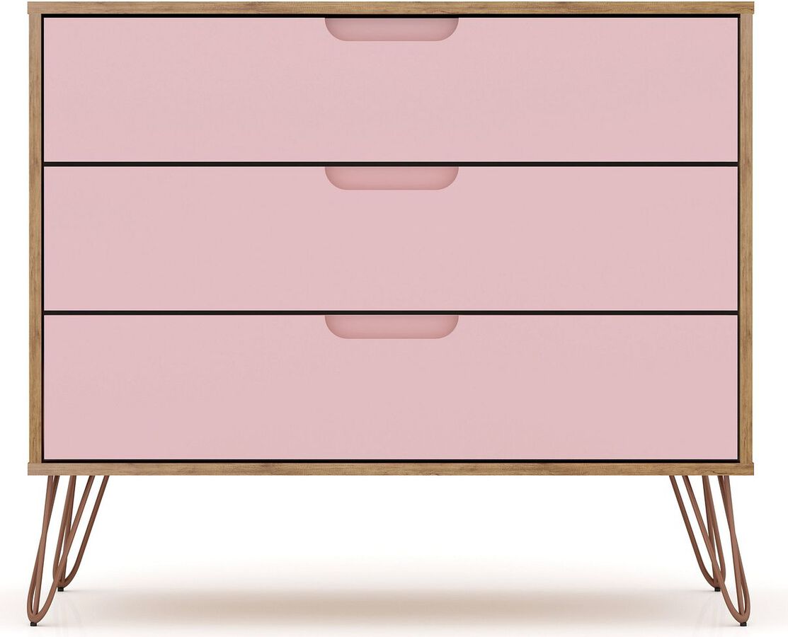 Manhattan Comfort Bedroom Sets - Rockefeller 3-Drawer Nature & Rose Pink Dresser (Set of 2)
