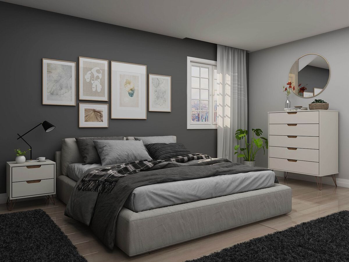 Manhattan Comfort Bedroom Sets - Rockefeller 44" Tall 5 Dresser and 2 Drawer Nightstand Off White & Nature