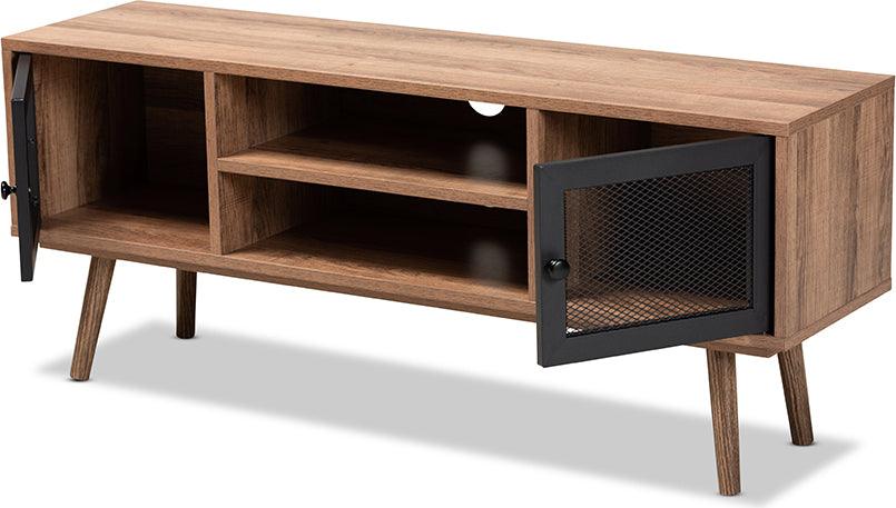 Wholesale Interiors TV & Media Units - Yuna Mid-Century Modern Transitional Brown Wood and Black Metal 2-Door TV Stand