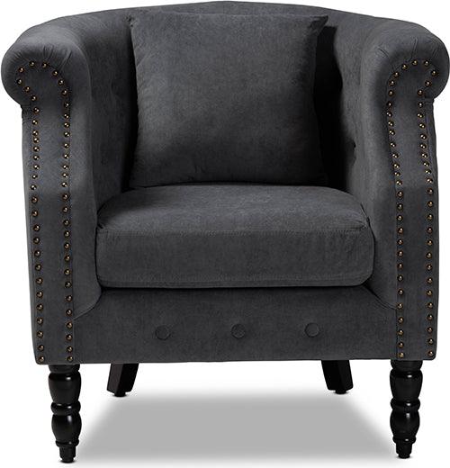 Wholesale Interiors Accent Chairs - Renessa Classic and Traditional Grey Velvet and Brown Wood Armchair