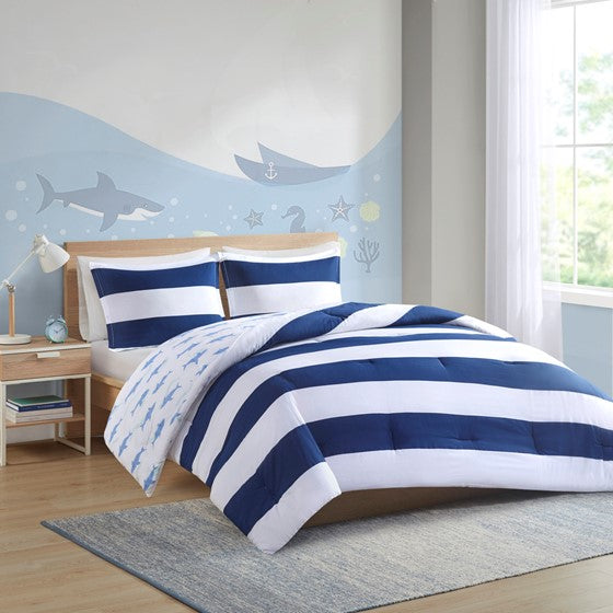 Olliix.com Comforters & Blankets - Cotton Cabana Stripe Reversible Comforter Set with Shark Reverse Navy Full/Queen