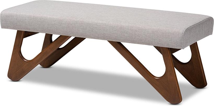 Wholesale Interiors Benches - Rika Mid-Century Modern Greyish Beige Fabric Walnut Brown Boomerang Bench