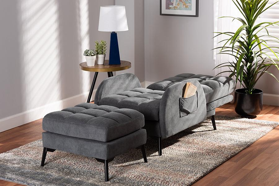 Wholesale Interiors Living Room Sets - Belden Grey Velvet Fabric Upholstered and Black Metal 2-Piece Recliner Chair and Ottoman Set
