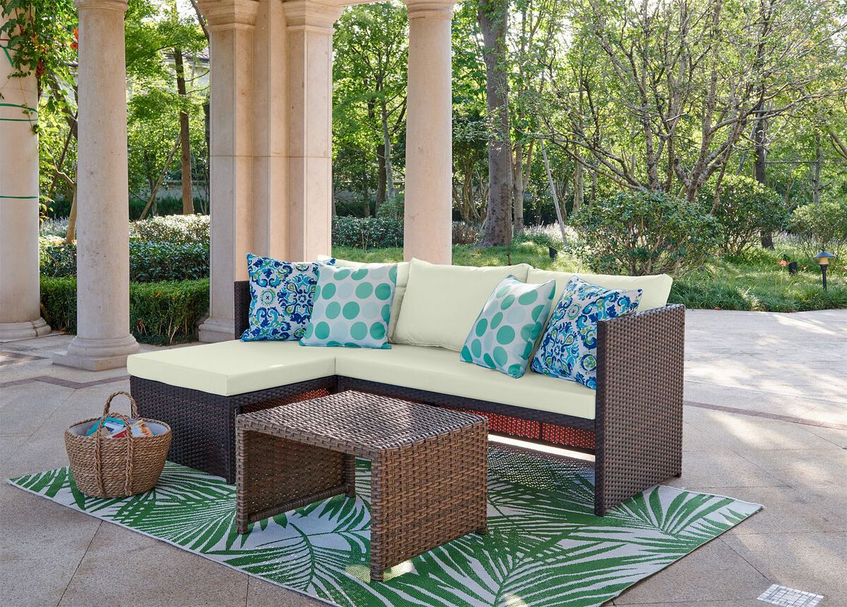 Manhattan Comfort Outdoor Conversation Sets - Menton Patio 2-Seater and Lounge Chair with Coffee Table with Cream Cushions