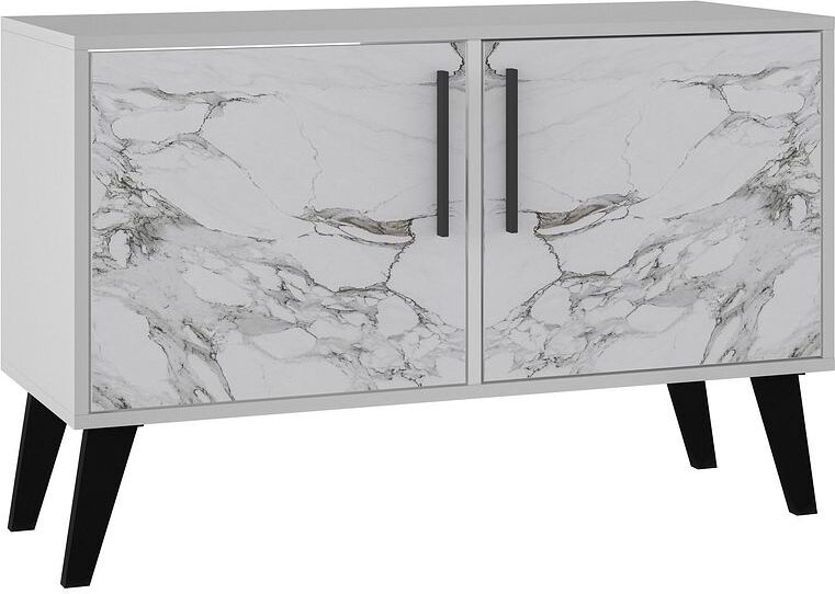 Manhattan Comfort Buffets & Sideboards - Mid-Century- Modern Amsterdam Double Side Table 2.0 with 3 Shelves in White Marble